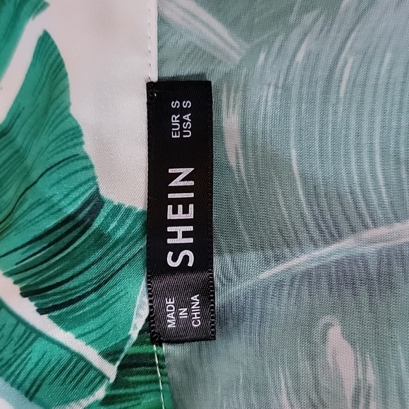 Shein Button Down Satin Blouse Small Green Palm Leaf - Picture 2 of 5